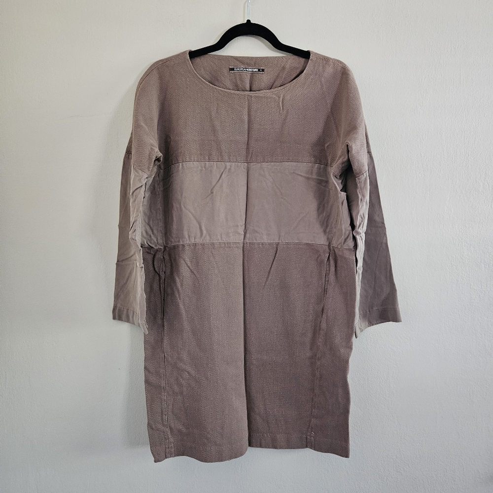 European Culture Long Sleeve Taupe Brown Dress Color Block Pockets Italy Small